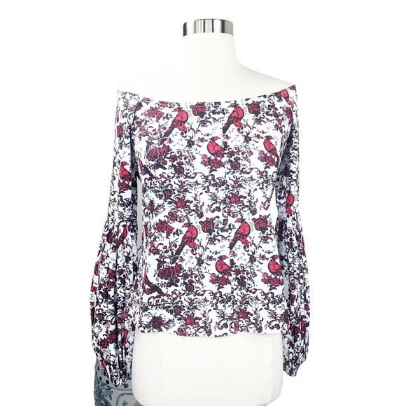 Caroline Constas off the shoulder red white floral damask bird top size Small - Picture 3 of 11